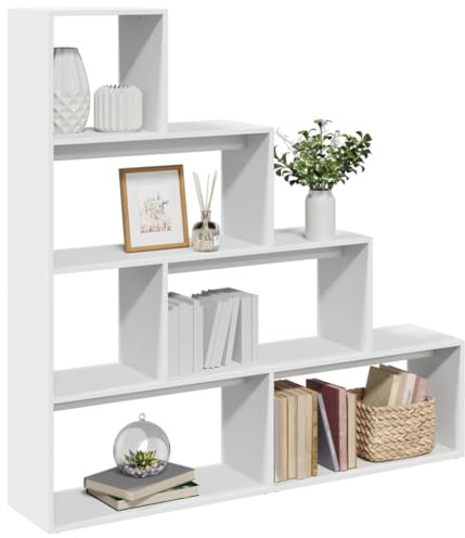 Yisssmeng Raumteiler Bücherregal 4 Stufen Weiß 143,5x29x143,5 cm aus Holzwerkstoff, Treppen-Design & Modernes Look, Stabiler Standregal für Living Room, Büro, Schlafzimmer