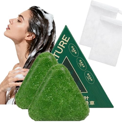 2 Pack Solid Shampoo Bar with Herbal Extracts, Triangle Plant-Based Shampoo Soap with Foaming Net for Gentle Cleansing, Oil Control & Scalp Care, Anti-Frizz, Strengthening Look, for Women & Men