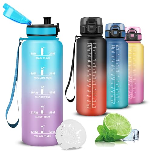 Mujigaga Gourde Sport- 1.5L- Gourde avec Filtre, Gourdes Graduée, avec Marqueur de Temps, Gourdes Motivation anti Fuite, Facile à Nettoyer, Bouteille d'eau pour Running, Voyage, Cámping, Yoga