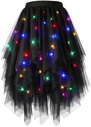 Beipegin Tüllrock Damen Lichterkette mit LED Unregelmäßig Tüll Röcke Lagenrock Ballett Tutu Faltenkleid Midirock Karneval Halloween Kostüm Fasching Party-Batterie Nicht Inbegriffen