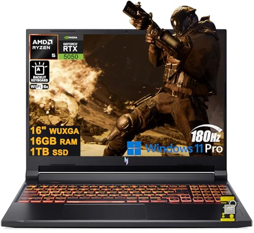 acer Nitro V 16 AI Ordinateur portable de jeu 16 WUXGA IPS 180 Hz AMD 6 cœurs Ryzen 5 240 16 Go DDR5 1 To SSD GeForce RTX 5050 GDDR7 (jusqu'à 421 AI Tops) rétroéclairé Wi-Fi6E Type-C Win11Pro ICP Hub