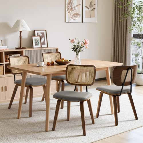 WOOW DEPOT Esszimmerstühle 4er Set mit Rückenlehne, 48 cm Sitzhöhe, Kunstleder & Rattan Rücken, Bugholz Holzbeine, Ergonomisch, Komfortable Polsterung, Küchenstühle für Esszimmer Küche – Grau