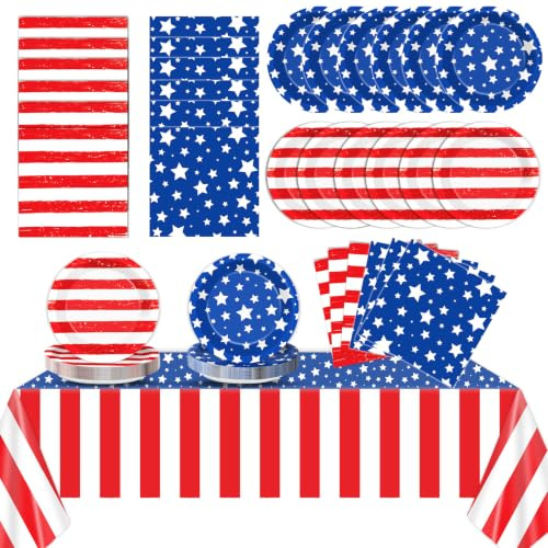 4th of July Party Supplies Fourth of July Party Plates and Napkins, Tablecloth Serves 24-Disposable Patriotic Party Dinnerware American Flag Dessert Paper Plates Red White Blue Star Tableware for Home
