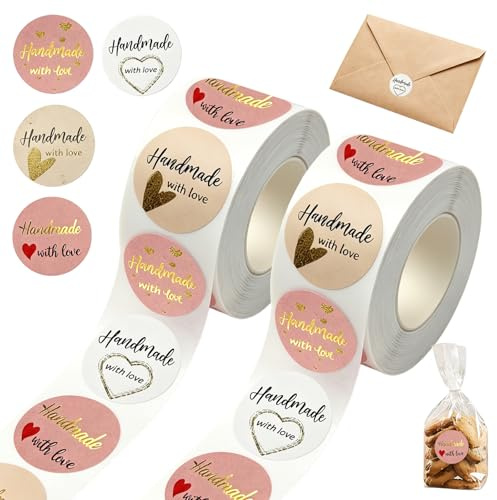 1000 Stück Handmade with Love Aufkleber - 1 Zoll Handmade Label mit Liebe Gemacht Folie Aufkleber, Personalisierte Aufkleber Hochzeit für Backen Geschäft, Party und Kleines Unternehmen Geschenkpackung