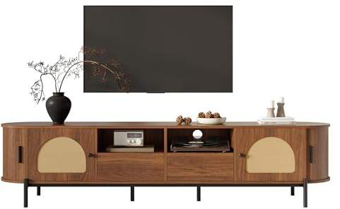HAINEW Oval TV Schrank Lowboard mit 2 Schiebetüren und 2 Schubladen, TV Tisch TV Ständer Fernsehtisch Fernsehschrank mit 2 Rattan Türen und Metallbeinen, 200×40×49,5cm, HD26042802 (Nussbaum)