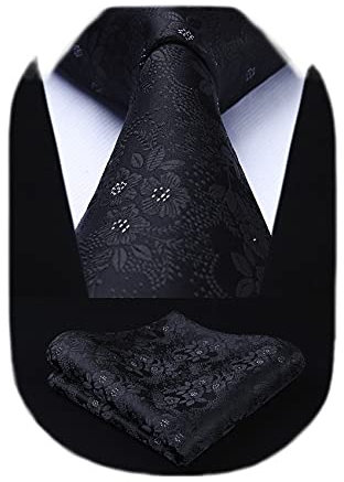 HISDERN Herren Krawatten Schwarz Extra Lange Florale Krawatte und Einstecktuch Set Elegante Klassisch Hochzeit Seidenkrawatte Taschentuch für Männer