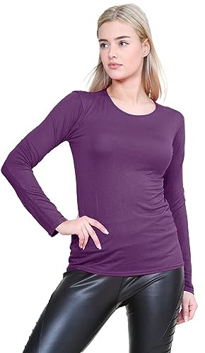 janisramone® Long Sleeve T Shirts Women, Plain Round Neck Breathable Basic Summer Tops for Women UK, Stretchy Slim Fitted Going Out Tops Purple