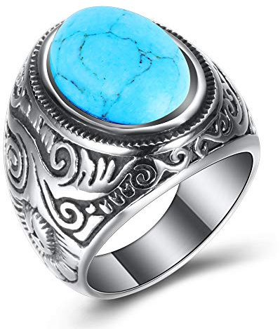 VQYSKOMänner RetroTurkis Ring-Klassiker Retro Charm Künstlicher Türkis Steine Edelstahlring Herrenring mit Gravur, Ringgrößen 54 (17.2) – 76 (24.2)(Türkis, 63 (20.1))