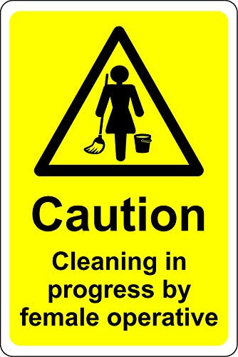 Caution cleaning in progress by female operatives toilet Safety sign - 1.2mm Rigid plastic 300mm x 200mm