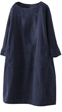 AMhomely Women Dresses Promotion Sale Clearance Ladies Vintage Pockets Corduroy Solid Color Long Sleeve Loose Casual Dress Plus Size Dress Party Elegant Dress Vintage Retro Dress UK Size S-XXXXL Navy