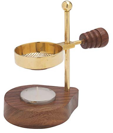 RÄUCHERSTÖVCHEN aus Messing, goldfarben [Handarbeit, verstellbare Höhe 12 cm] Mit Holzgriff und Holz-Fundament Verstellbarer Weihrauchbrenner zum sanften Räuchern mit Teelicht