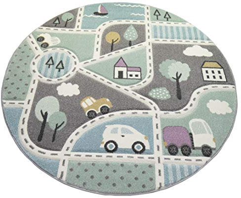 Kinderteppich Straßenteppich Lernteppich Junge mit Straßen und Autos blau grün Größe 120 cm Rund