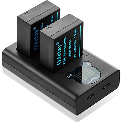 OJelay DMW-BLC12 1000mAh Ersatzakku 2 Stück für Fujifilm Panasonic DMW-BLC12 Kamera Akku und LCD Smart Dual Ladegerät für Panasonic Leica BP-DC12,Leica Q,DMW-BLC12,Lumix DMC-FZ200,FZ1000,UND MEHR