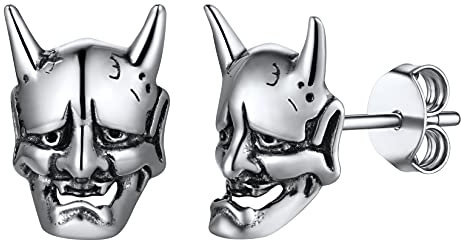 SILVERCUTE Herren Ohrstecker mit Japanischer Maske 925er silber Biker Gotik Dämon Samurai Prajna Design Ohr Piercing Punk Rock Ear Studs Schmuck