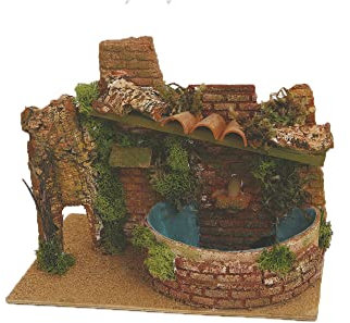 Aurora Store Fontana Presepe Grande con Roccia e Tetto Pozzo Natale con Base Legno Portale in Sughero Muschio in Resina Scenario Paesaggio Presepio Napoletano 27cm x h.18cm