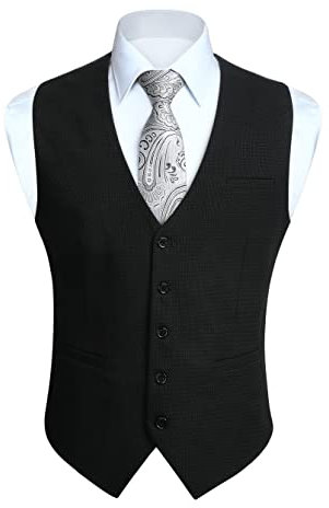 HISDERN Black Waistcoat Men Formal Solid Color Waistcoats Classic Casual Business Wedding Party Cotton Suit Vest With Pockets S