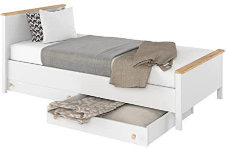 Mirjan24 Jugendbett Story SO08 mit Bonellfederkernmatratze, Bett im skandinavischen Stil, Bettgestell, Bettrahmen für Jugendzimmer, Kinderzimmer (Weiß + Eiche Nash, mit Schublade)