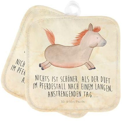Mr. & Mrs. Panda 2er Set Topflappen Pferd Springen - Geschenk, Hoftiere, Ofenhandschuh, Pony, Schöne Topflappen, reiten, Bauernhof, Ofenhandschuhe,