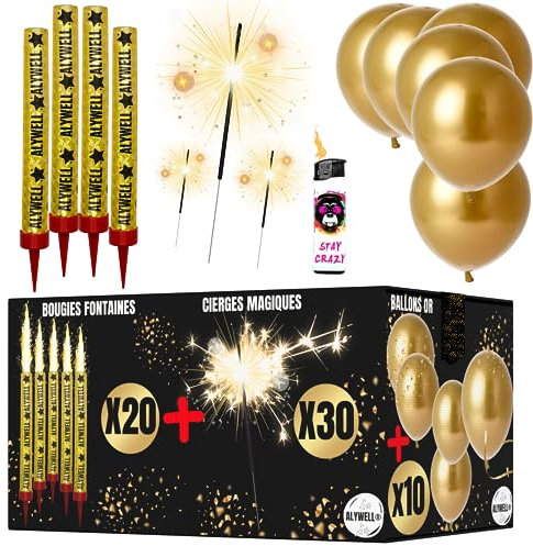 20 Bougie Fontaine 12 CM-45/50 Seconde + 30 Cierge Magique + 1 Briquet Bougie Anniversaire Fontaine + 10 Ballons Or - Feu D Artifice Mariage- Bougies Fontaine - Feu Bengale- Fontaine Lumineuse Gateau