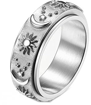 Mesnt Ring Edelstahl, Drehbarer Sonne-Mond-Stern-Fidget-Ring Silber Größe 65 (20.7)