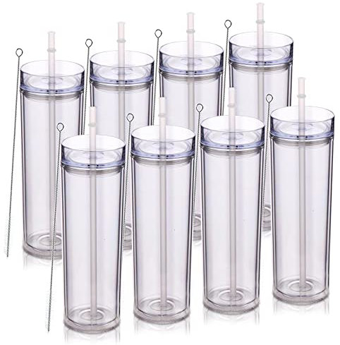 Volhoply 600 ml Trinkbecher mit Deckel und Strohhalm Achterpack,Doppelwandiger Wiederverwendbar Reisebecher,BPA-freier Matte Pastellfarben Acryl-Plastikbecher für Geschenk(Transparente,8 Stück)