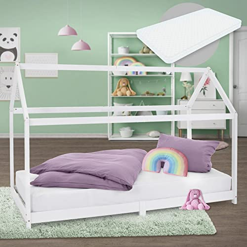 ML-Design Lit Cabane Enfant 90x200 cm avec Matelas H:10cm, Toit et Sommier à Lattes, Blanc en Bois Massif, Couchage au Sol Maisonnette pour Fille Garçon Adolescent Chambre à Coucher, Style Maison
