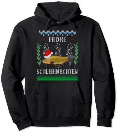 Frohe Schleinachten Schlei Fisch Weihnachtsmütze Angeln Rute Pullover Hoodie