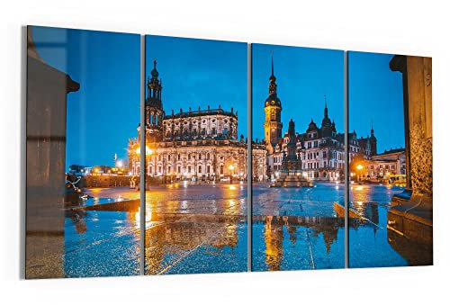 DEQORI Glasbilder Echtglas | Motiv Altstadt Dresden am Abend | horizontal 4-teilig 120x60 cm | große XXL Deko | Wandbilder für Wohnzimmer, Schlafzimmer, Flur & Küche | moderne Wanddeko