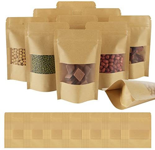 AUAUY 42Pcs Stand Up Pouches, Kraft Bags with Window, 3.9 x 5.9/10 x 15 cm Brown Resealable Bags with Tear Notch, Paper Ziplock Bags for Home or Business Food Storage Bags