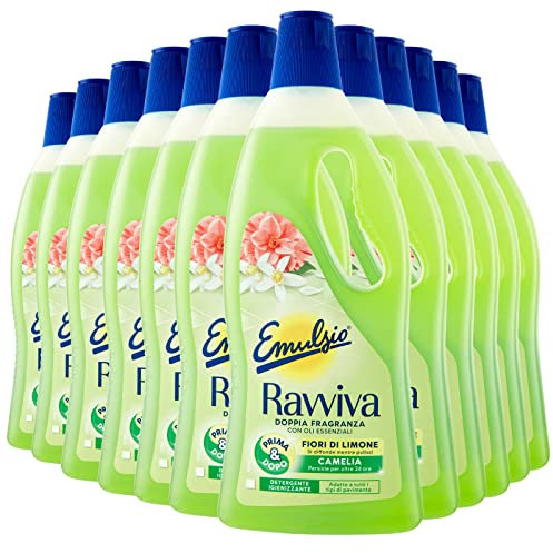 Emulsio Ravviva Doppia Fragranza Detergente Pavimenti ad Azione Igienizzante Formula Prima&Dopo con Fiori di Limone e Camelia Profumo a Lunga Durata per Tutti i Tipi di Pavimento - 12 Flaconi da 750ml