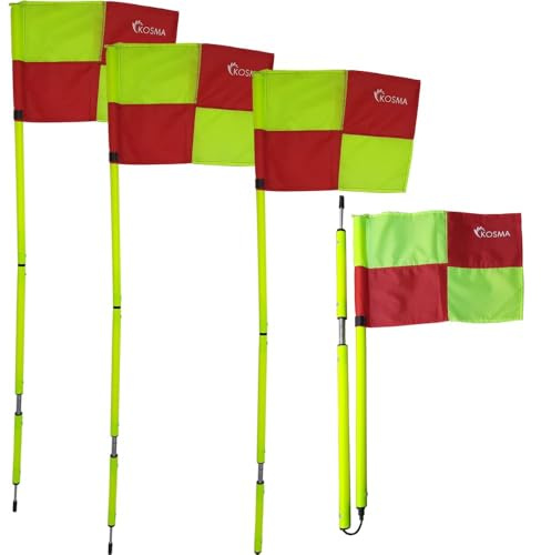 Kosma Set of 4 Foldable Corner Flags with Fixed Spike and Spring – 5ft Yellow Poles (25mm) with Green and Red Quadrant Pattern Flags – Includes Carry Bag