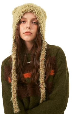 LumiSyne Wintermütze Für Damen Mädchen Stricken Ohrenklappe Hut Niedliche Katzenohr Form Trendy y2k Style Pelzige Strickmütze Mit Bunten Tupfen Langen Ohrriemen Warme Peruanische Beanie Foto Requisite