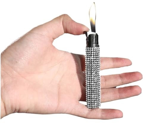 Mini-Feuerzeug aus dünnem Butan, Winddicht, weiche Flamme, Zigarettenfeuerzeug, niedliche Bling-Glitzer-Strass-Feuerzeuge for Frauen, Damen, Ehefrau, Geschenke (Color : Silver)