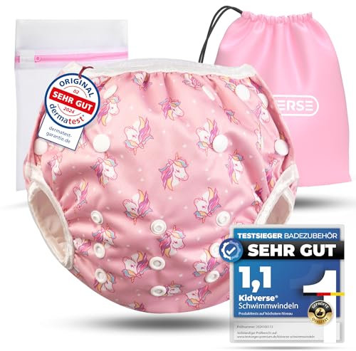 KIDVERSE Schwimmwindel Baby Badehose 0-3 Jahre - Hautfreundliche Schwimmwindeln wiederverwendbar & saugstark - Größenverstellbare Badewindel Baby Schwimmhose Tragetasche & Wäschenetz (Rose Unicorns)