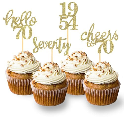 24 Pcs Glitter 70th Birthday Cupcake Toppers for Celebrating 70th Birthday Party Decorations for Seventy Years Old Birthday Party Supplies (Gold2)