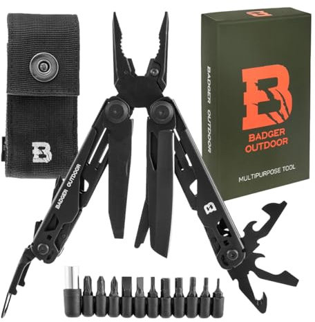 Badger Outdoor Solid Black 16in1 Multitool - Multifunktionsmesser aus Edelstahl - Überlebensmesser - Outdoor-Werkzeug mit Bits - Geschenk für Männer - Ausrüstung für Wandern, Camping und Survival