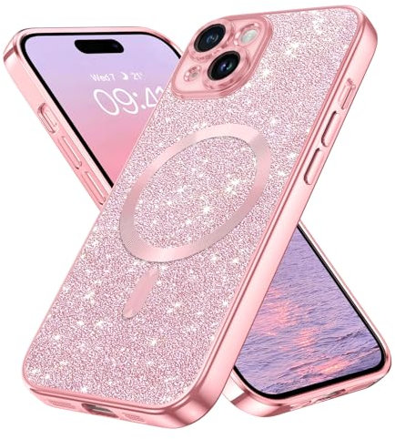GaoBao for iPhone 15 Case Magnetic, Slim iPhone 15 Phone Case [Compatible with MagSafe] Fashion Sparkle Luxury Shockproof Anti-Slip Women Girl Bling Phone Cover for iPhone 15 6.1 2023, Glitter Pink
