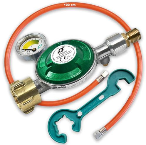 Bluecraft Gasregler 50mbar mit Manometer | Gas Füllstandsanzeige | Propangas Druckminderer | Druckregler Camping Propan Butan | Gasregler Schlüssel (50mbar Gasregler mit Schlüssel & Gasschlauch 100cm)