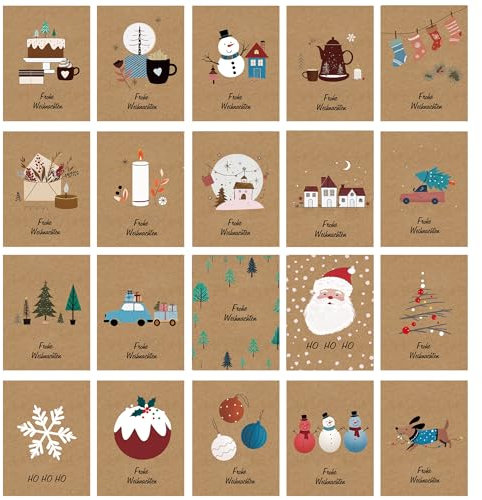 Weihnachtskarten mit Umschlag Set (20 Stück) - Stilvolle und zeitgemäße A6 Klappkarten Weihnachtsgrußkarten - inklusive Briefumschlag aus Kraftpapie -Skizze