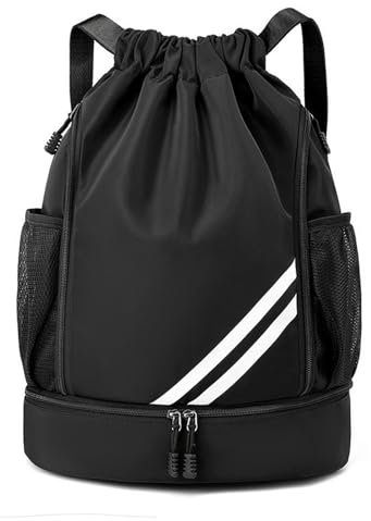 CCAIPU Turnbeutel mit Kordelzug, Wasserdichte Sporttasche mit Schuhfach und seitlichen Netztaschen für Damen und Herren (Schwarz)