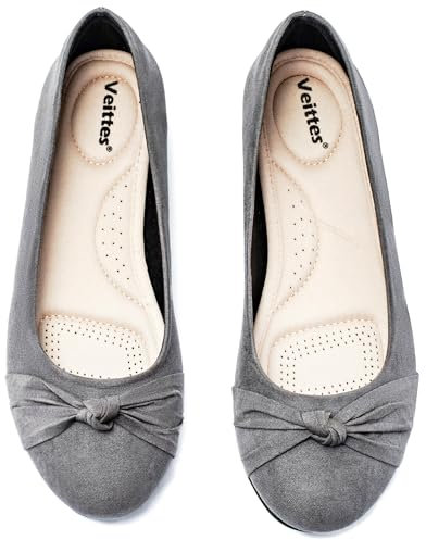 Veittes Women's Wide Width Flats Shoes - Fashion Round Toe Slip-on Comfortable Bow Ballet Shoes.(2109004-2408,GR/MF,UK6 Wide)