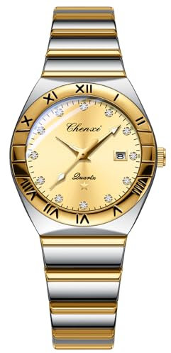 JewelryWe Damenuhr Edelstahl Leuchtende Uhren: 30m Wasserdicht Kalender Analog Quarz Armbanduhr Damen Gold/Silber Edelstahlarmband Uhr mit Römischen Ziffern Strassskala & Gold rundem Zifferblatt