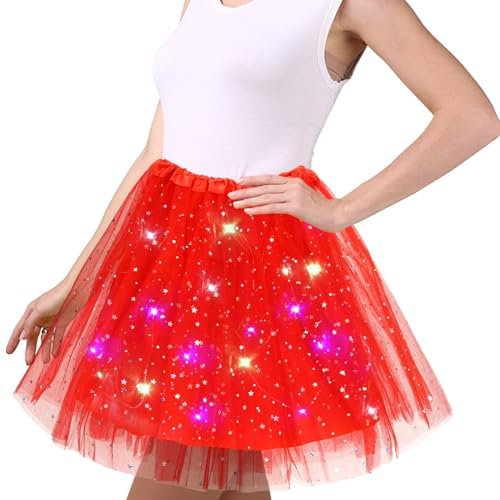 Rot Tüllrock Damen, 45cm Sterne Pailletten Tanzkleid, Dehnbaren Minirock Mit LED Lichter, Erwachsene Tütü Rock Ballettrock für Fasching Halloween Karneval Party, Ballett Tanzen Dress für Teenager