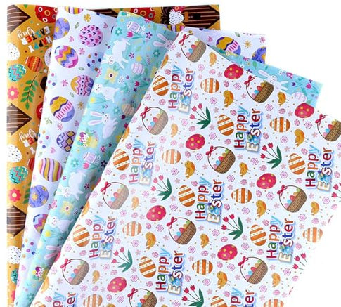 Koboko Geschenkpapier Ostern, 4 Blatt Ostergeschenkpapier, Ostereier Hase Küken Geschenkpapier Bögen für Geschenkverpackung, DIY Wrapping Paper für Ostern Geschenke Verpackung, 50 x 70 cm