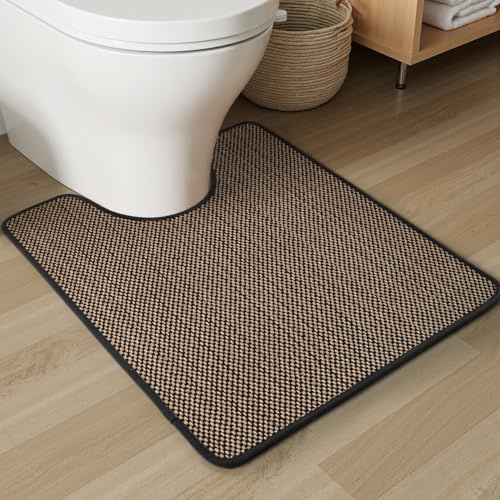 PADOOR Tapis de toilette tressé antidérapant en forme de U Noir 50,8 x 61 | Tapis de toilette avec envers en caoutchouc pour salle de bain, lavable en machine, tapis de bain super absorbant