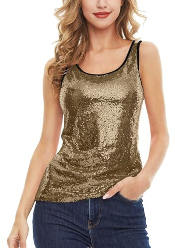 Glitzer Oberteile Damen Ärmellos Top Festliche Pailletten Oberteile Mode Einfarbig Tanktops Party Bluse Tunika Braun M