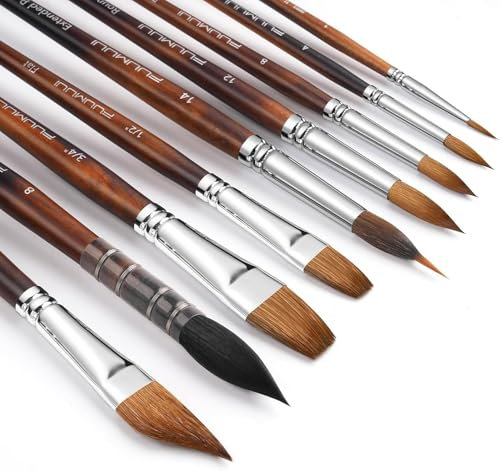 Professional Sable Watercolour Brushes 9pcs, Fuumuui Artist Paint Brush Set, Squirrel Hair Mop Brush, Extended Point Brush, Round Point, Flat, Dagger for Watercolor Gouache Inks Painting