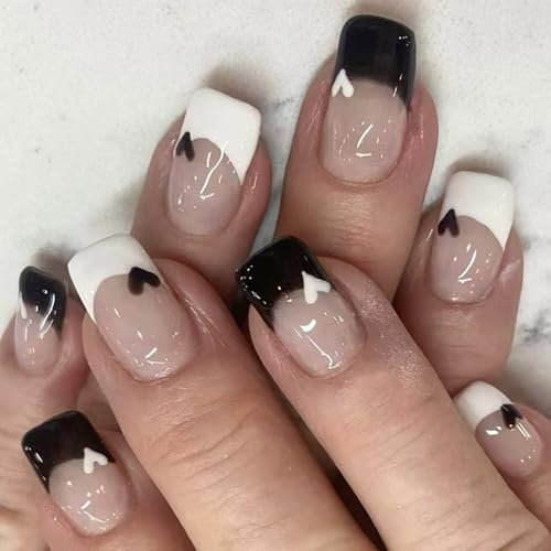 24x Mediums Square False Nails Black White Heart Acrylic Nails Valentines Day Press On Nails French Tip Stick On Nails