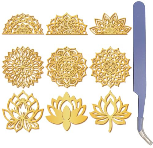 craspire 9 Mandala Aufkleber Aus Goldenem Metall Mit Pinzette 1,5 Zoll Lutos Blumenaufkleber Symbol Yoga Wasserfest Selbstklebend Nickel Zum Dekorieren von Aufklebern Für Sammelalben DIY Basteln