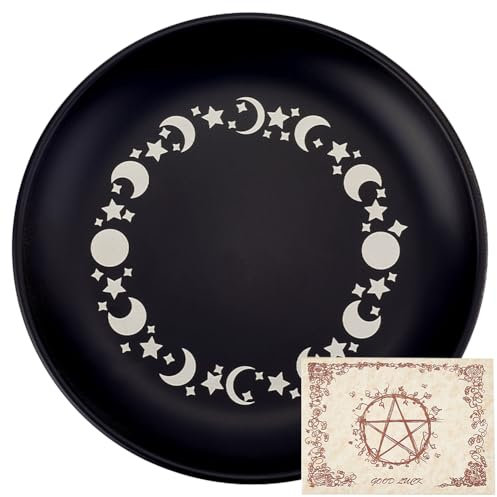 CREATCABIN Cuenco de Ofrenda de Fase Lunar Y Estrella, Plato Ritual de Altar, Cuenco Plano de Acero Inoxidable, Bandeja Redonda para Joyas, Plato de Tarot para Oración, Porta Anillos Negro, Baratija c